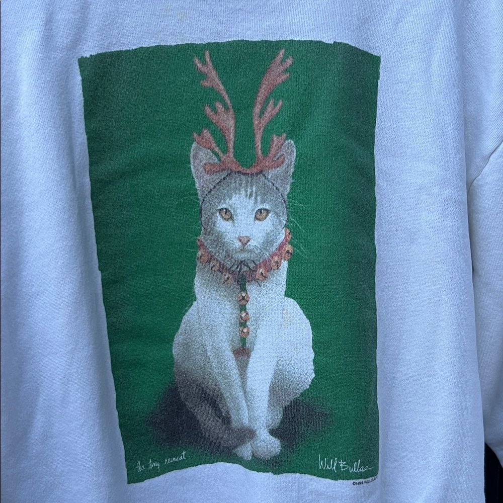 Vintage 90s Will Bullas White Christmas Cat Antlers Graphic Sweatshirt Pullover - Picture 2 of 13